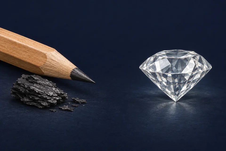 A pencil and graphite specimen beside a transparent diamond