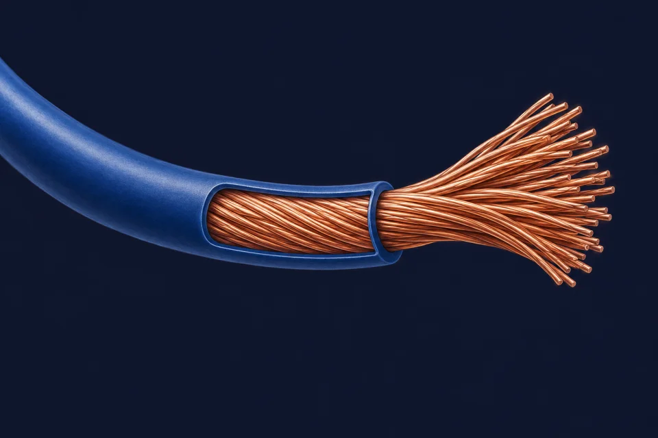 An insulated cable opened to reveal reddish copper strands