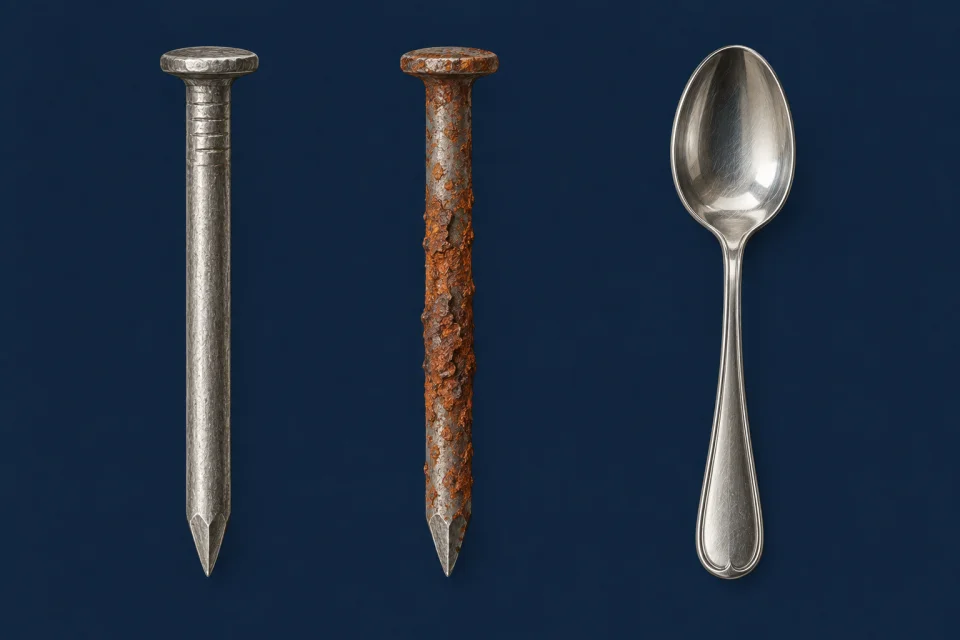 A shiny nail, a rusty nail and a stainless steel spoon