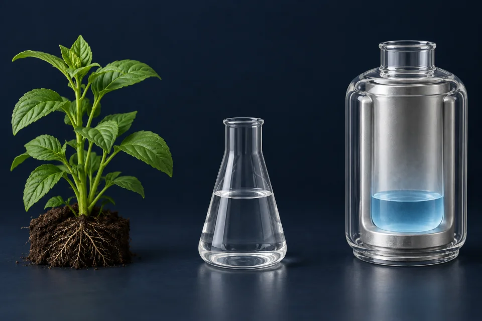 A green plant, colorless water and a vessel of pale blue liquid oxygen