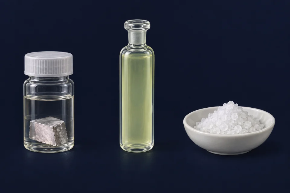 Separate containers of sodium metal and chlorine gas beside a dish of salt