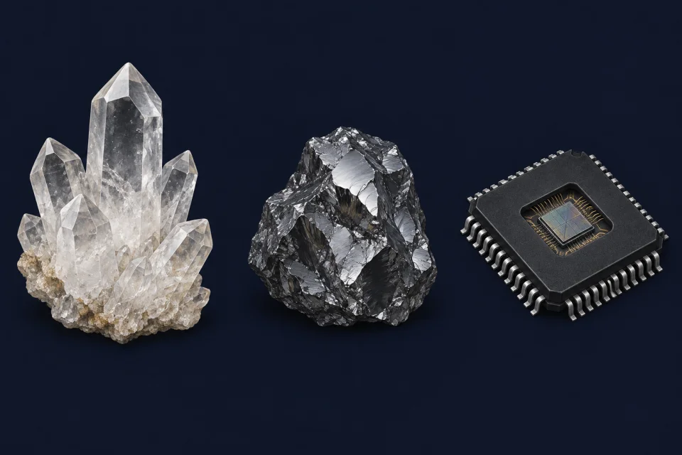 Quartz crystals, a gray silicon specimen and an integrated circuit