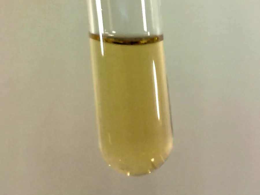 Liquid fluorine at −196°C. At room temperature it is a pale yellow gas.