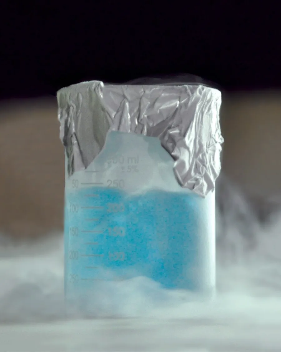 Cooled liquid oxygen. At room temperature oxygen is a colorless gas.